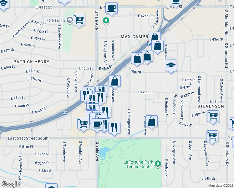 map of restaurants, bars, coffee shops, grocery stores, and more near 5216 East 47th Place in Tulsa