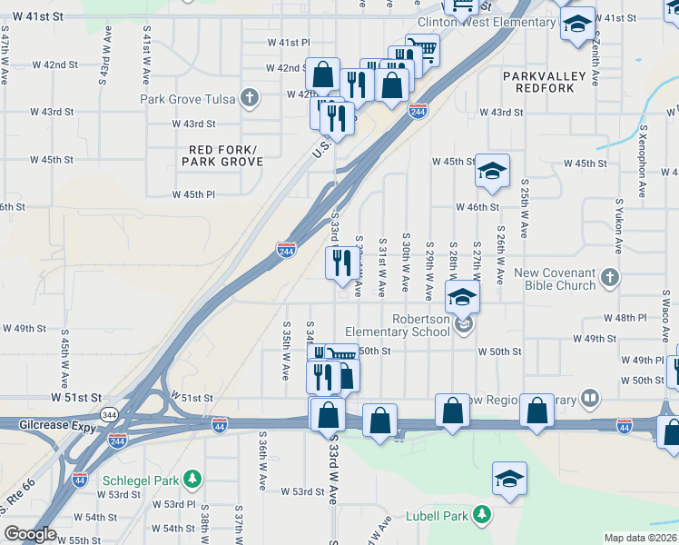 map of restaurants, bars, coffee shops, grocery stores, and more near 4734 South 33rd West Avenue in Tulsa