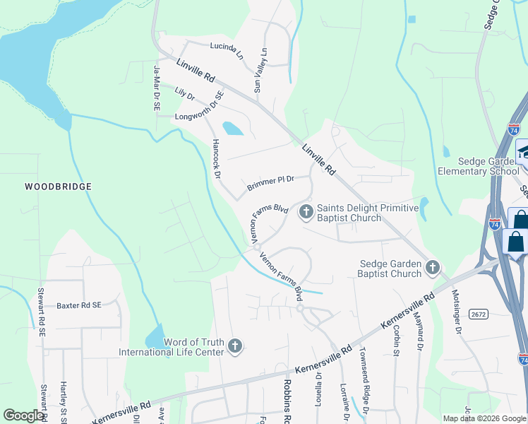 map of restaurants, bars, coffee shops, grocery stores, and more near 4552 Vernon Farms Boulevard in Kernersville
