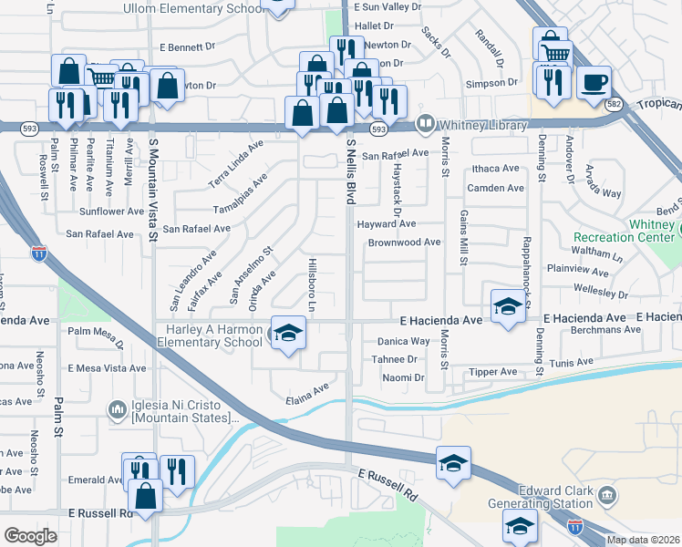 map of restaurants, bars, coffee shops, grocery stores, and more near 4987 Saratoga Circle in Las Vegas