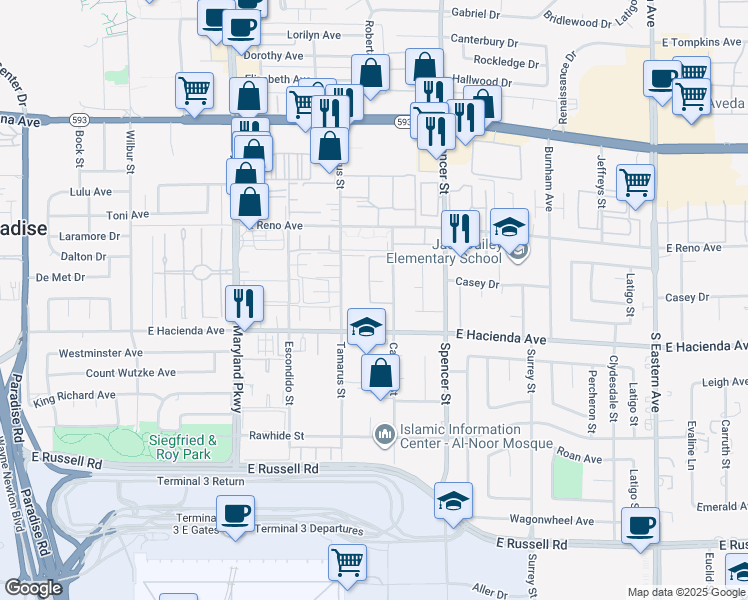 map of restaurants, bars, coffee shops, grocery stores, and more near 5219 Caliente Street in Las Vegas