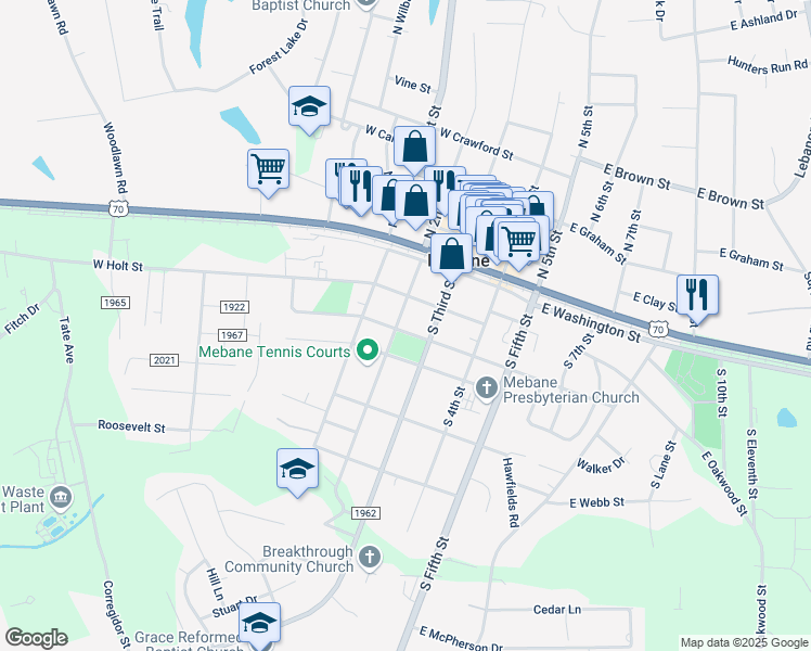 map of restaurants, bars, coffee shops, grocery stores, and more near 214 East Jackson Street in Mebane