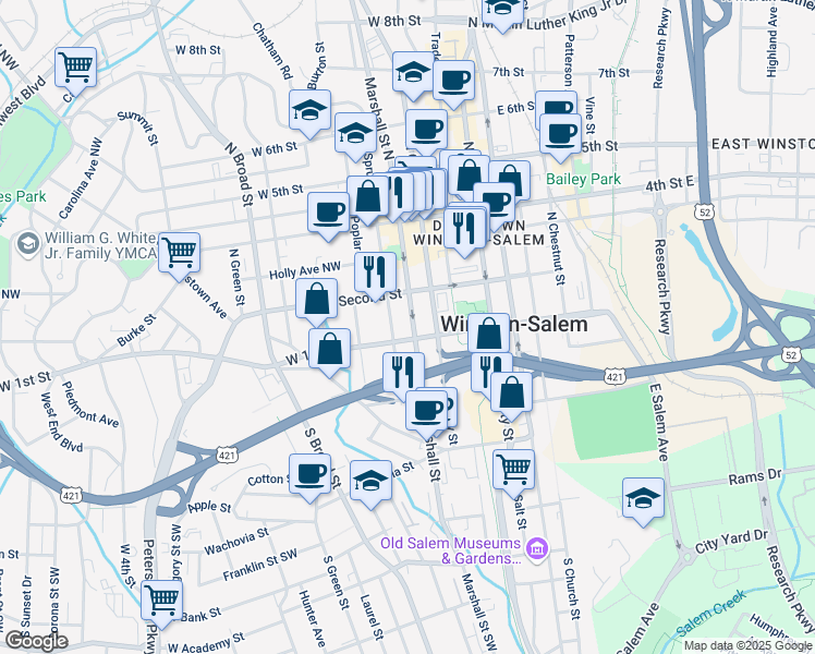map of restaurants, bars, coffee shops, grocery stores, and more near 110 Marshall Street North in Winston-Salem