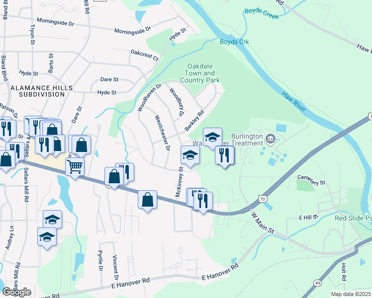 map of restaurants, bars, coffee shops, grocery stores, and more near 2820 McKinney Street in Burlington