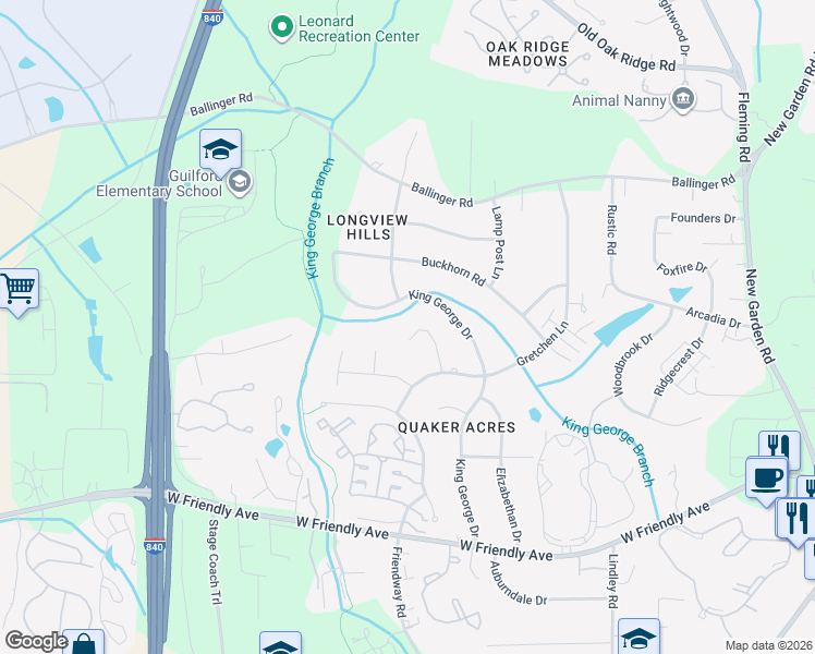 map of restaurants, bars, coffee shops, grocery stores, and more near 518 Gretchen Court in Greensboro