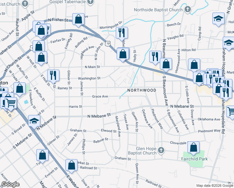 map of restaurants, bars, coffee shops, grocery stores, and more near 1102 Grace Avenue in Burlington