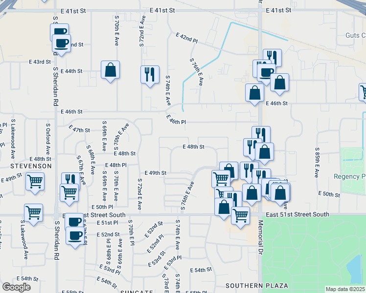map of restaurants, bars, coffee shops, grocery stores, and more near 7460 East 48th Street in Tulsa