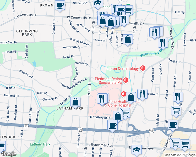 map of restaurants, bars, coffee shops, grocery stores, and more near 140 Sunset Circle in Greensboro