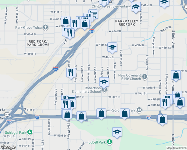 map of restaurants, bars, coffee shops, grocery stores, and more near 4726 South 29th West Avenue in Tulsa