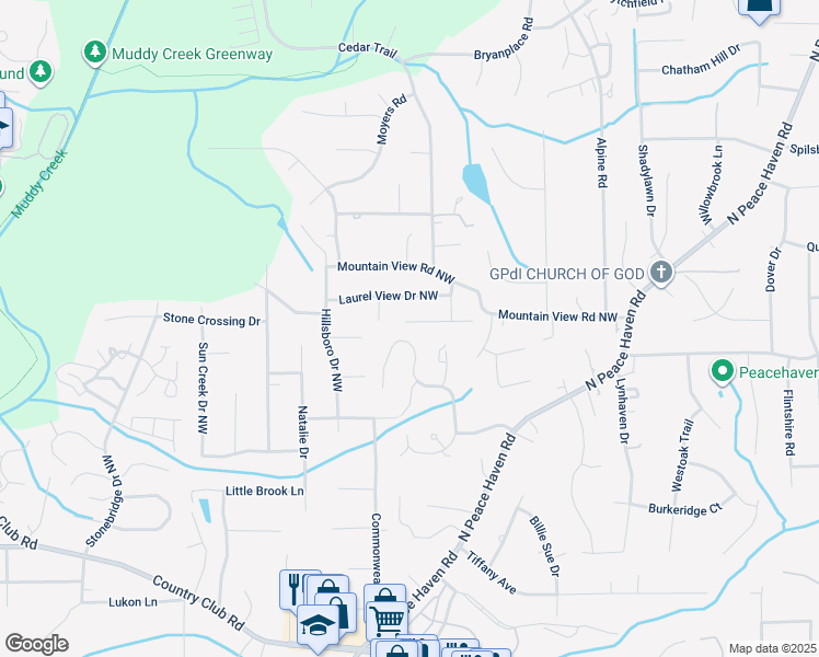 map of restaurants, bars, coffee shops, grocery stores, and more near 5136 Rockmont Court Northwest in Winston-Salem