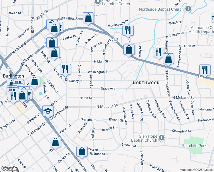 map of restaurants, bars, coffee shops, grocery stores, and more near 1006 Grace Avenue in Burlington