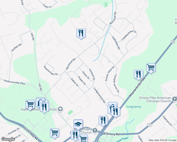 map of restaurants, bars, coffee shops, grocery stores, and more near 4517 Ventura Drive in Knoxville