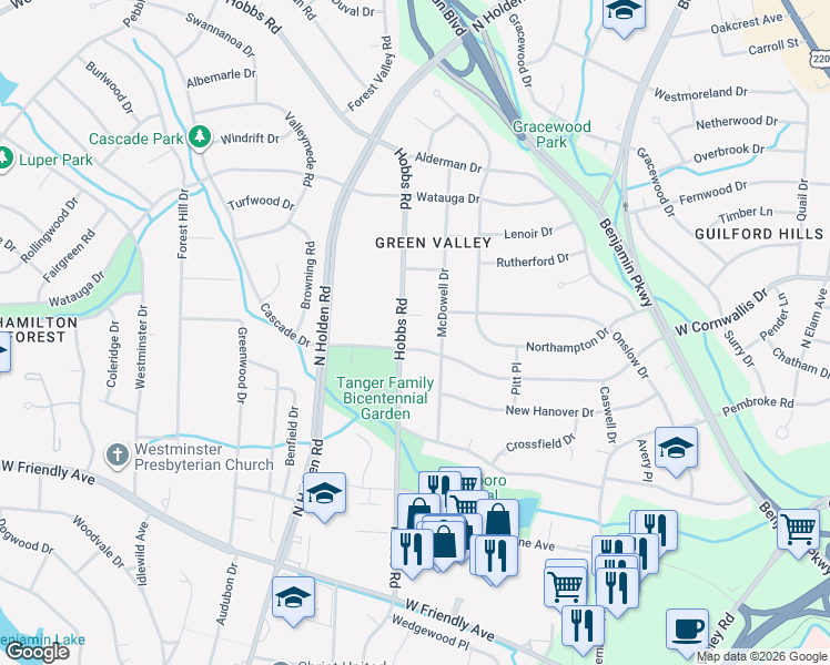 map of restaurants, bars, coffee shops, grocery stores, and more near 1200 Hobbs Road in Greensboro