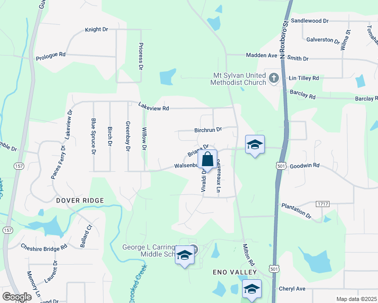 map of restaurants, bars, coffee shops, grocery stores, and more near 821 Briana Drive in Durham