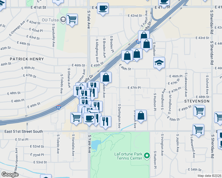 map of restaurants, bars, coffee shops, grocery stores, and more near 5204 East 47th Place in Tulsa