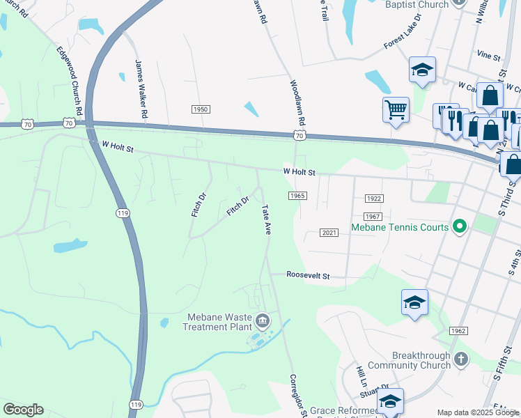 map of restaurants, bars, coffee shops, grocery stores, and more near 329 Tate Avenue in Mebane