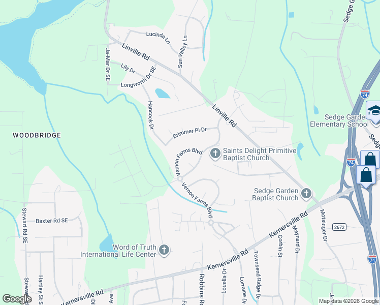 map of restaurants, bars, coffee shops, grocery stores, and more near 4564 Vernon Farms Boulevard in Kernersville