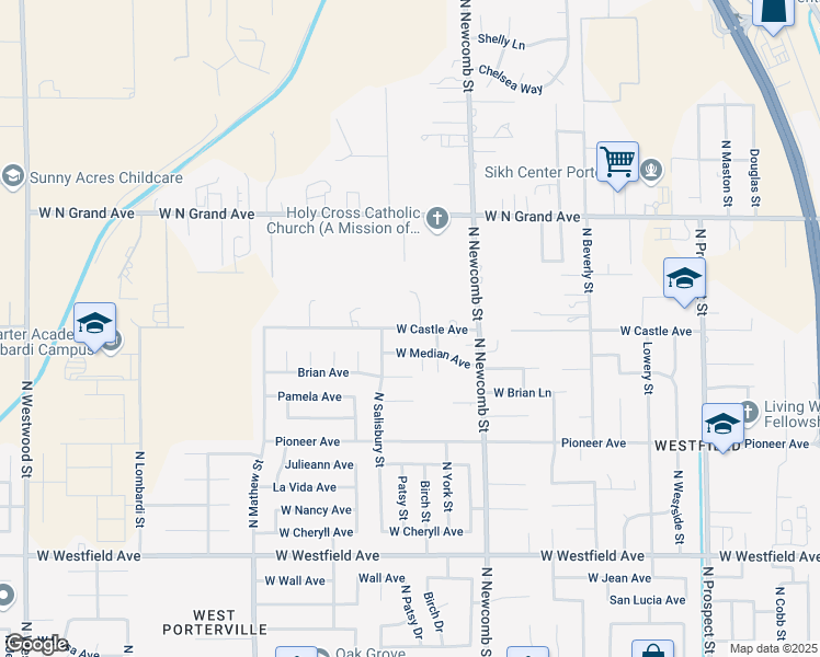 map of restaurants, bars, coffee shops, grocery stores, and more near West Castle Avenue in Porterville