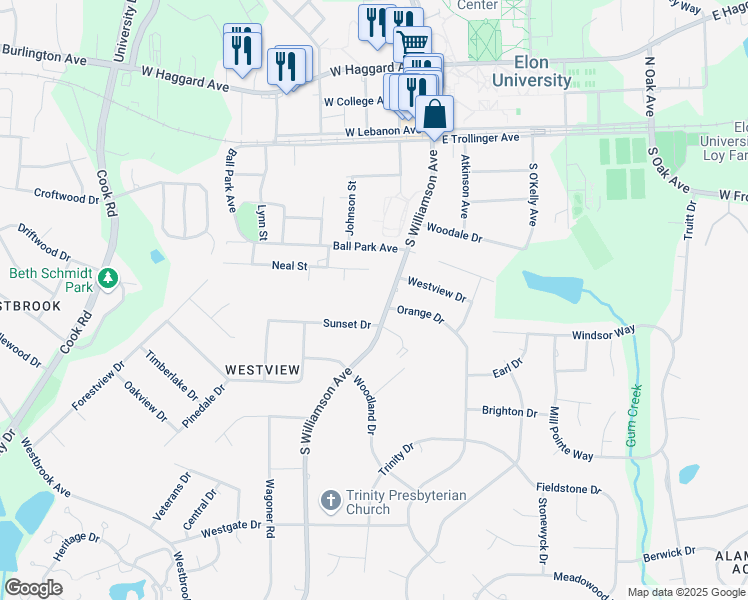 map of restaurants, bars, coffee shops, grocery stores, and more near 412 South Williamson Avenue in Elon
