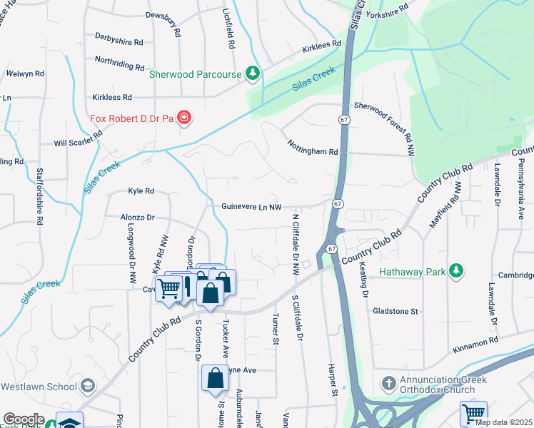 map of restaurants, bars, coffee shops, grocery stores, and more near 3840 Guinevere Lane in Winston-Salem