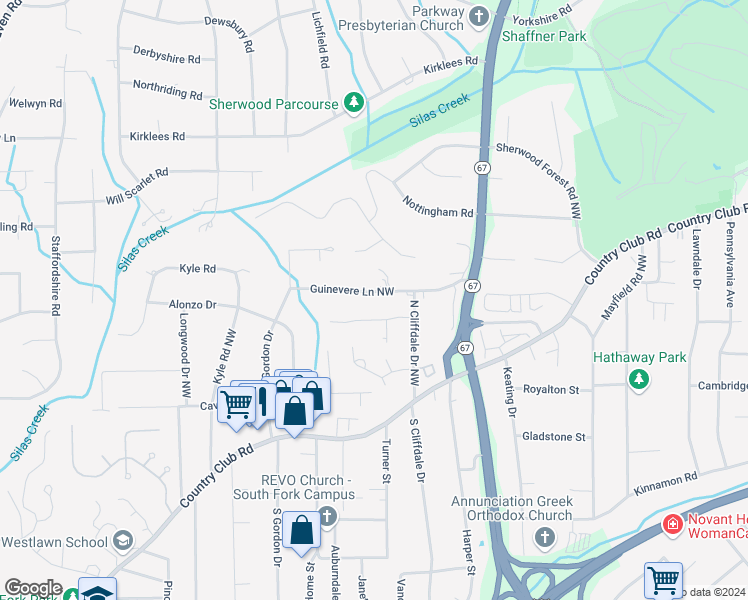 map of restaurants, bars, coffee shops, grocery stores, and more near 3840 Guinevere Lane in Winston-Salem