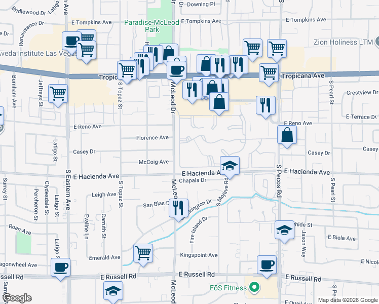 map of restaurants, bars, coffee shops, grocery stores, and more near 3054 Tarpon in Las Vegas