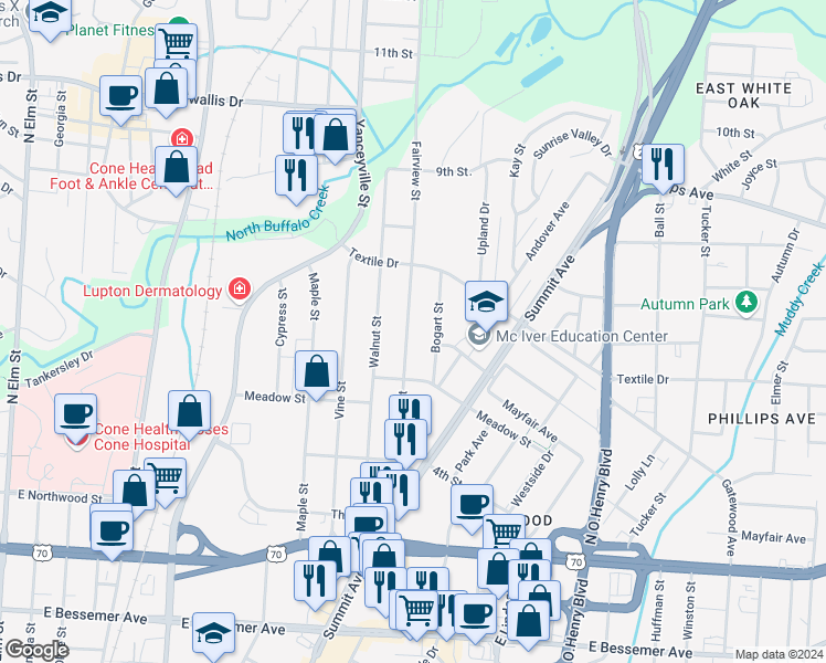 map of restaurants, bars, coffee shops, grocery stores, and more near 1404 Fairview Street in Greensboro
