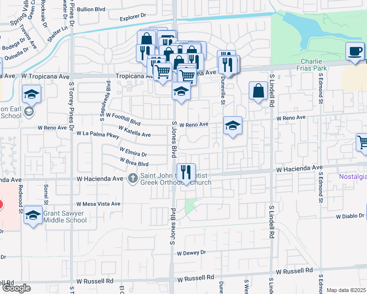 map of restaurants, bars, coffee shops, grocery stores, and more near 5114 South Jones Boulevard in Las Vegas