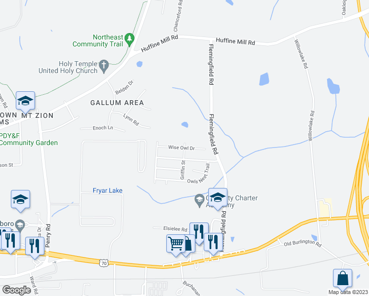 map of restaurants, bars, coffee shops, grocery stores, and more near 2300 Wise Owl Drive in McLeansville