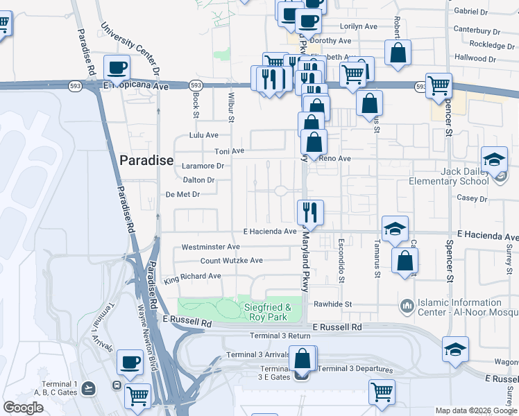 map of restaurants, bars, coffee shops, grocery stores, and more near 5225 Gray Lane in Las Vegas