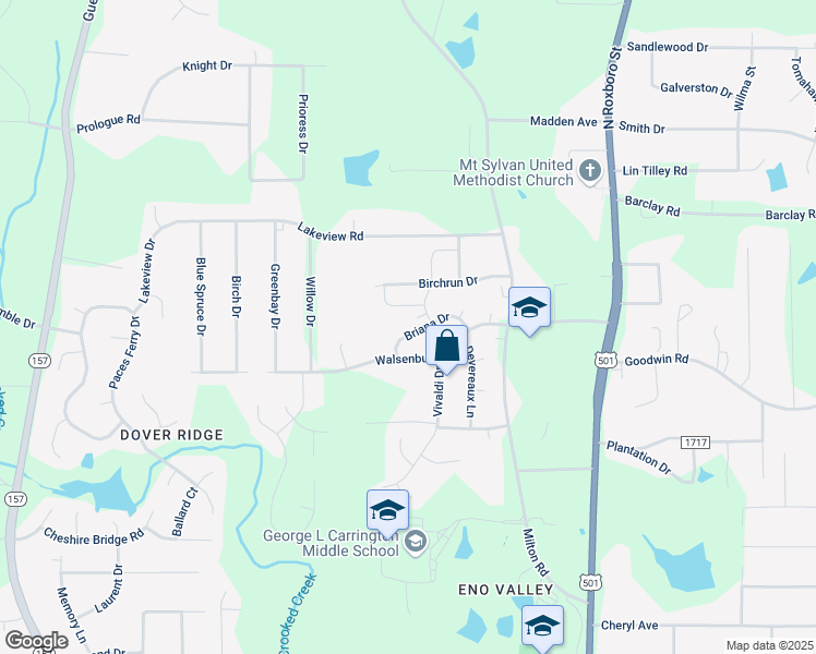 map of restaurants, bars, coffee shops, grocery stores, and more near 821 Briana Drive in Durham