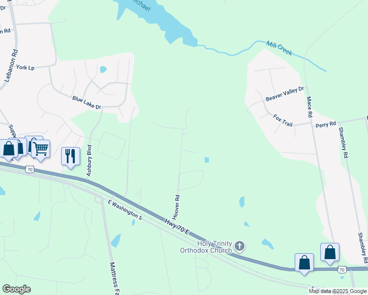 map of restaurants, bars, coffee shops, grocery stores, and more near 411 Hoover Road in Mebane
