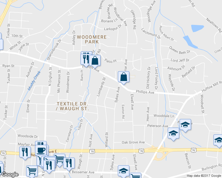 map of restaurants, bars, coffee shops, grocery stores, and more near 1309 Willard Street in Greensboro