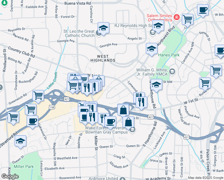 map of restaurants, bars, coffee shops, grocery stores, and more near 1937 Hinshaw Avenue Southwest in Winston-Salem