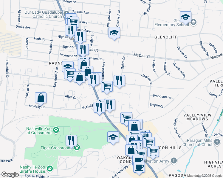 map of restaurants, bars, coffee shops, grocery stores, and more near 3695 Tibbs Drive in Nashville