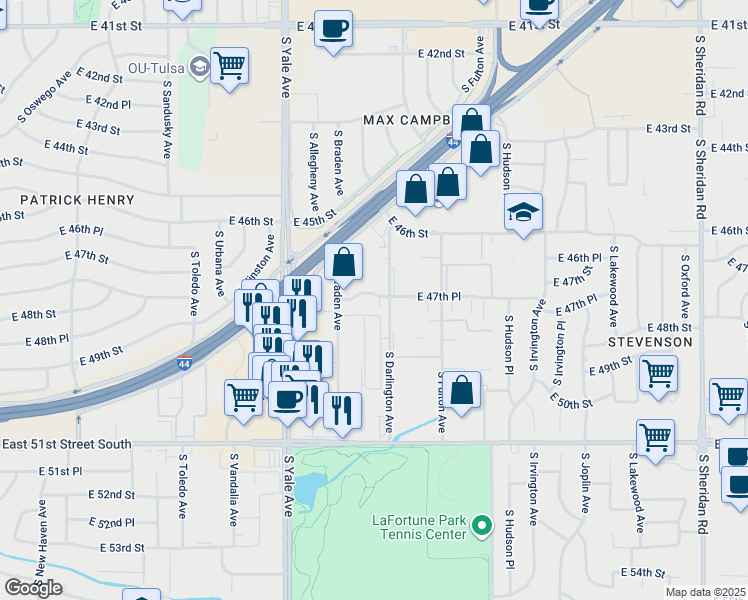 map of restaurants, bars, coffee shops, grocery stores, and more near 5216 East 47th Place in Tulsa