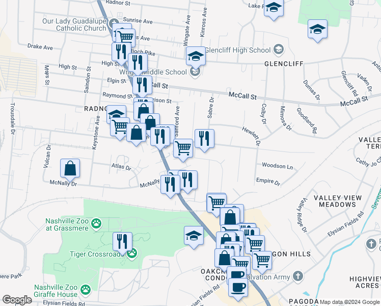 map of restaurants, bars, coffee shops, grocery stores, and more near 3691 Tibbs Drive in Nashville