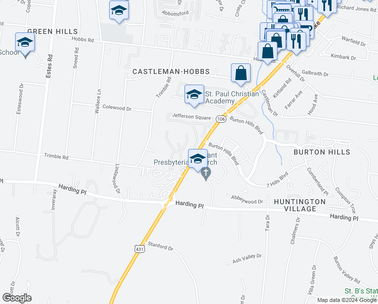 map of restaurants, bars, coffee shops, grocery stores, and more near 102 Summit Ridge Court in Nashville