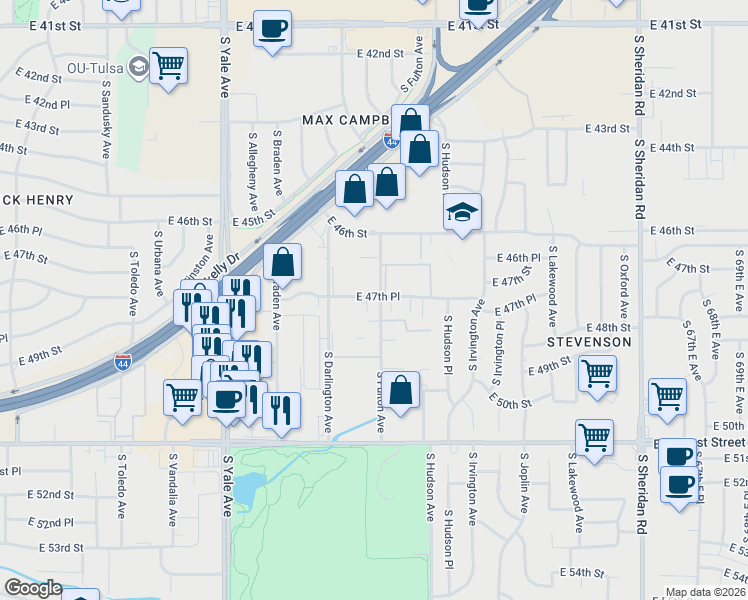 map of restaurants, bars, coffee shops, grocery stores, and more near 5344 East 47th Place in Tulsa