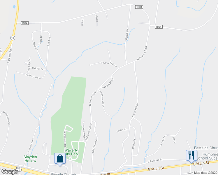 map of restaurants, bars, coffee shops, grocery stores, and more near 107 Powers Plaza in Waverly