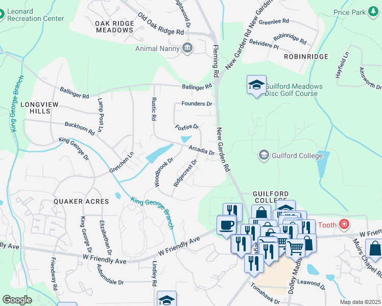 map of restaurants, bars, coffee shops, grocery stores, and more near 5907 Arcadia Drive in Greensboro