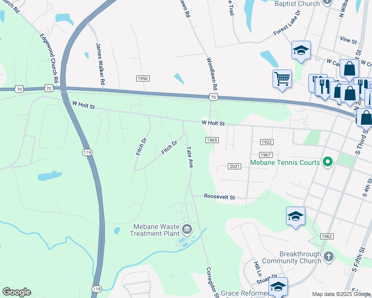 map of restaurants, bars, coffee shops, grocery stores, and more near 329 Tate Avenue in Mebane