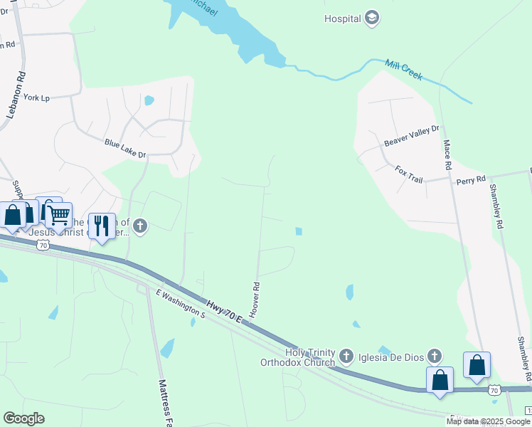 map of restaurants, bars, coffee shops, grocery stores, and more near 411 Hoover Road in Mebane