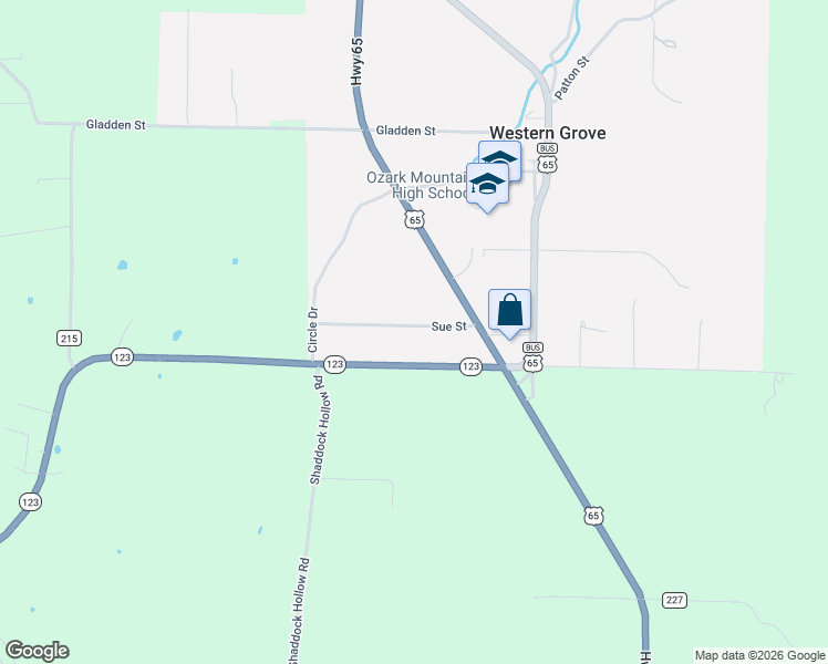map of restaurants, bars, coffee shops, grocery stores, and more near 16 Sue Street in Western Grove