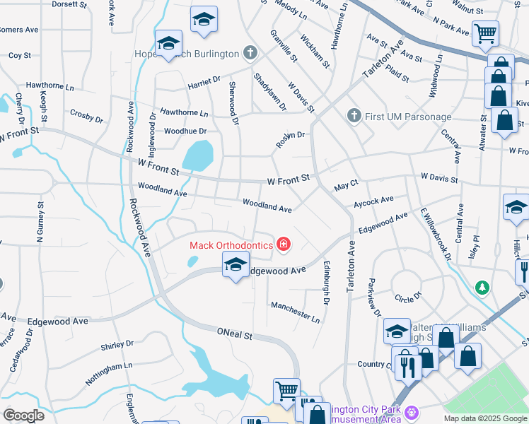 map of restaurants, bars, coffee shops, grocery stores, and more near 1622 Woodland Avenue in Burlington