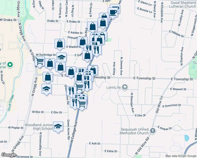 map of restaurants, bars, coffee shops, grocery stores, and more near 517 East Township Street in Fayetteville