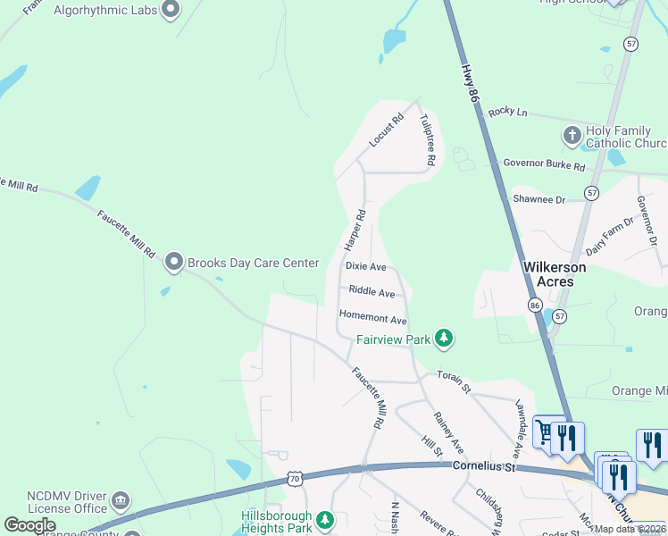 map of restaurants, bars, coffee shops, grocery stores, and more near 530 Harper Road in Hillsborough