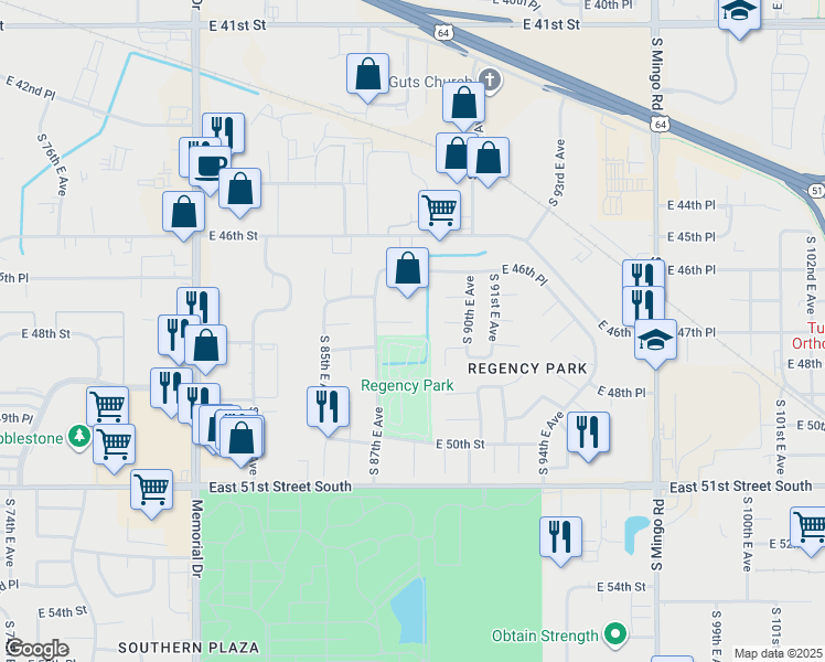 map of restaurants, bars, coffee shops, grocery stores, and more near 8736 East 47th Place in Tulsa