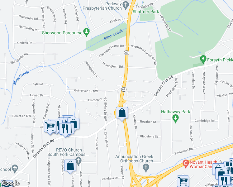 map of restaurants, bars, coffee shops, grocery stores, and more near 209 Guinevere Court in Winston-Salem