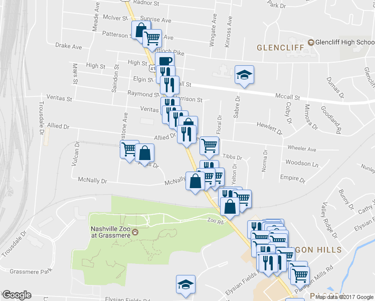map of restaurants, bars, coffee shops, grocery stores, and more near 3715 Nolensville Rd in Nashville